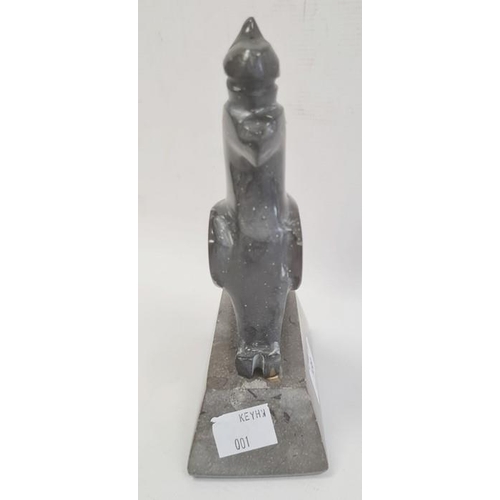 138 - Grey hardstone carved model bird of prey, stylised, on plinth base, 17cm high (slight damage)