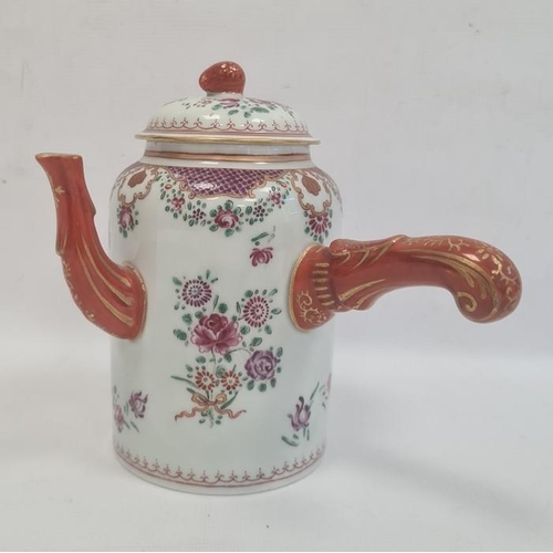 162 - Chinese style porcelain coffee pot and cover, cylindrical with floral and hatched decoration, stick ... 