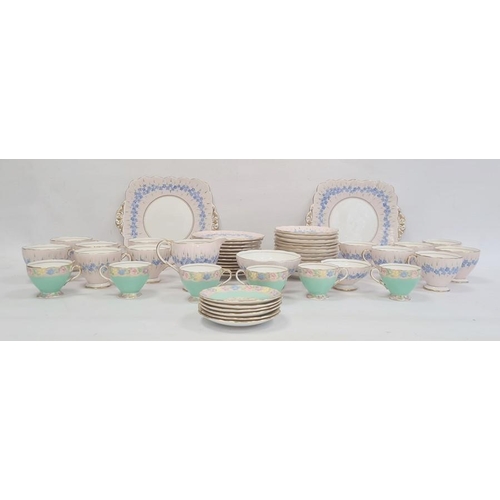 18 - Foley china part tea service, pink ground decorated with blue flowers and a set of six Foley china c... 