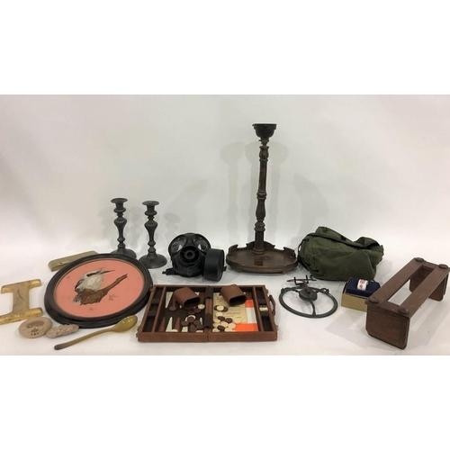 240 - Three boxes of assorted items to include gas mask, pair of binoculars, glass bowl, modern Imari styl... 