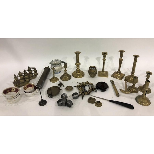 243 - Two boxes of mainly metalwares to include brass candlesticks, tapersticks, etc. (2 boxes)