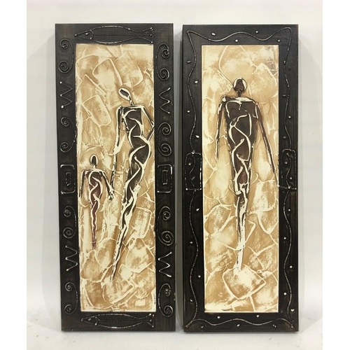 257 - Pair of modern painted plaster on canvas of abstract figures with stylised border, 80cm x 30cm and a... 