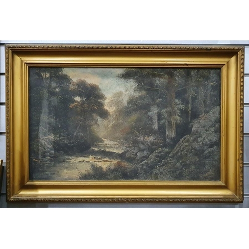 259 - Possibly 19th century
 Oil on panel
 River through woodland, indistinctly signed lower left
 Engravi... 