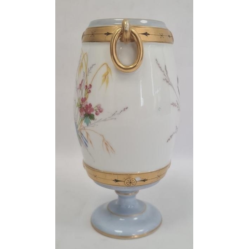 26 - Continental porcelain vase, the barrel-shaped body with gilt border and ring handles, painted with b... 