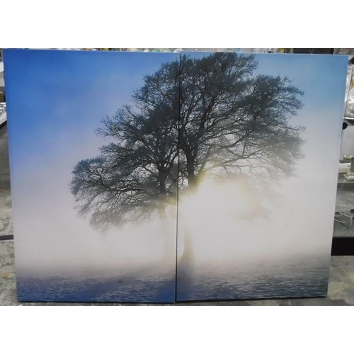 261 - Two modern prints on canvas
 One in two parts of tree in misty sunrise, the other a sea and skyscape... 