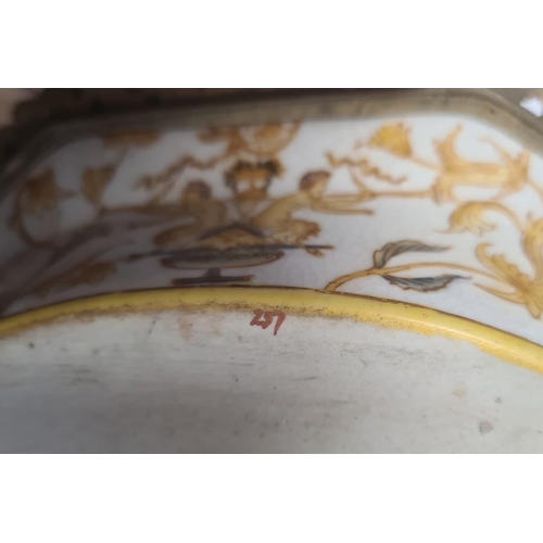 27 - Reproduction gilt metal mounted porcelain pedestal bowl with scroll handles, shaped oval, decorated ... 