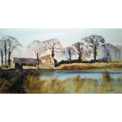 276 - G John Blockley (1921-2002)
 Watercolour drawing
 Cotswold building with stone barn beside river, si... 