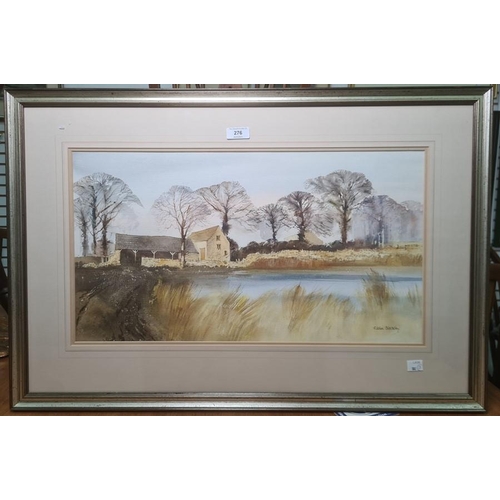 276 - G John Blockley (1921-2002)
 Watercolour drawing
 Cotswold building with stone barn beside river, si... 