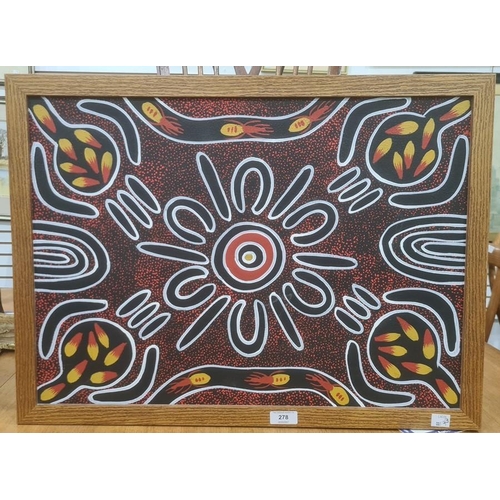 278 - Aboriginal school
 Oil on canvas
 Scorpions and other motifs, on black and red dotted ground, signed... 