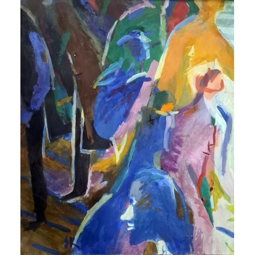 289 - 20th century school 
 Oil on canvas 
 Abstract scene of figures, initialled 'IK' lower left, with Ch... 