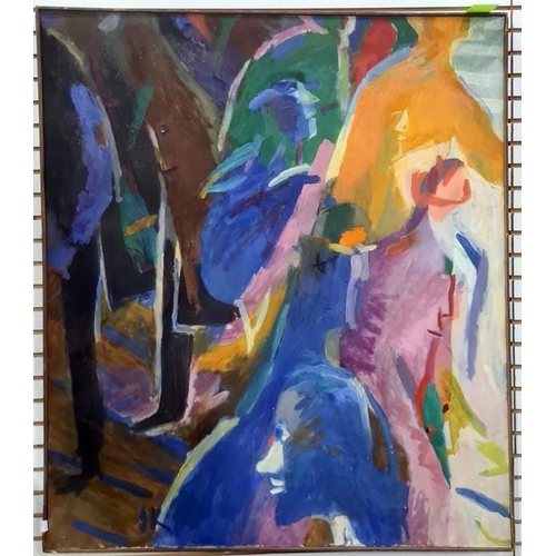 289 - 20th century school 
 Oil on canvas 
 Abstract scene of figures, initialled 'IK' lower left, with Ch... 