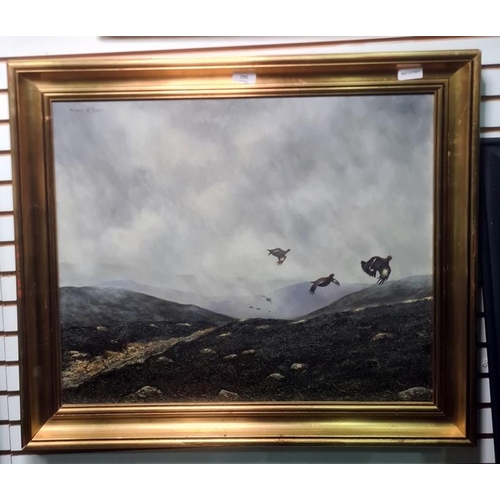 290 - Michael Sawdy 
 Oil on canvas
 Grouse in flight over moorland, signed upper left, 29.5cm x 59cm