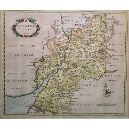 312 - After Robert Morden, colour map of Glostershire AD1712, labelled to reverse 'Regent Gallery, 14 Rege... 