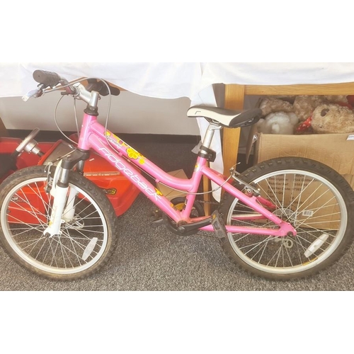 335 - A large quantity of soft toys, bears and a pink Ridgeback Harmony bike ( 2 boxes)