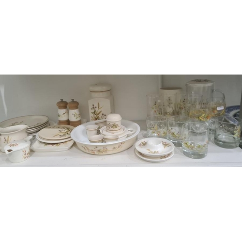 36 - Assorted tablewares marked Harvest 1418 and matching glasswares (1 shelf)