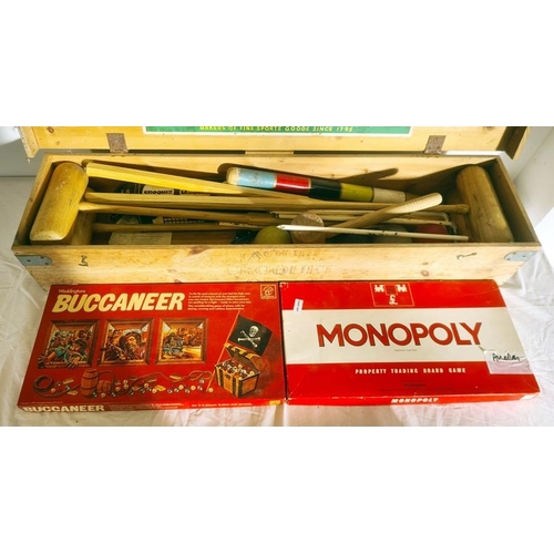 362 - Jaques croquet set, paper label to lid and all in wooden box together with Monopoly and Buccaneer bo... 