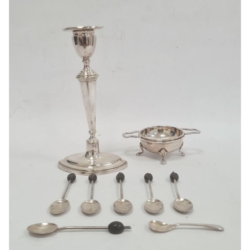 371B - Set of six George V silver bean topped coffee spoons, small EPNS candlestick and an EPNS tea straine... 