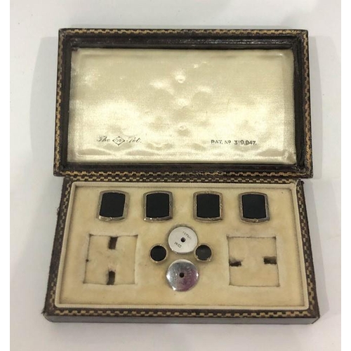 382 - 14ct white gold and silver cufflink and dress stud set in rectangular box, labelled to inside 'Pat 3... 