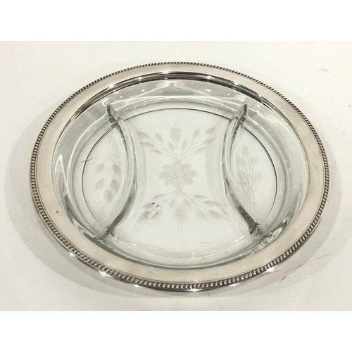 388 - Canadian cut glass and sterling silver-mounted hors d'oeuvres dish, circular and floral etched, 26cm... 