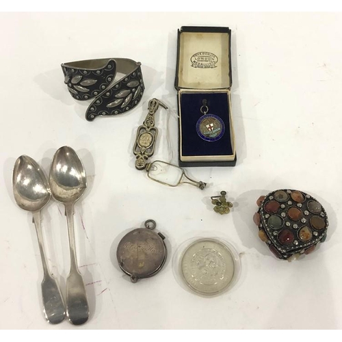 392 - Scottish hardstone set silver-coloured box, heart-shaped, 6cm, two silver fiddle pattern teaspoons, ... 