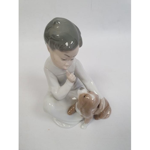 1 - Lladro porcelain group of boy in nightshirt with puppy, 20cm high, Lladro girl with lamb and another... 