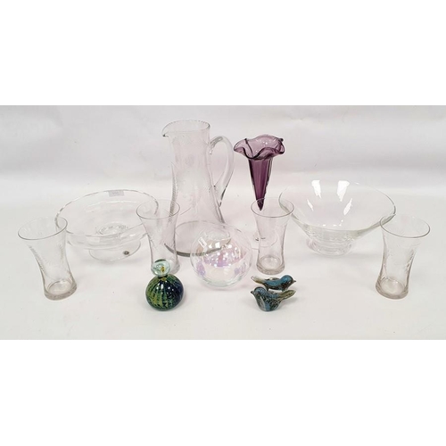 104 - Assorted glassware to include small glass paperweight, vases, jug and bowls