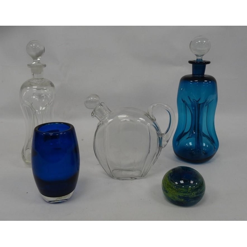 106 - Baccarat glass wine ewer, flattened disc-shaped and panelled, blue and clear glass glug-glug decante... 