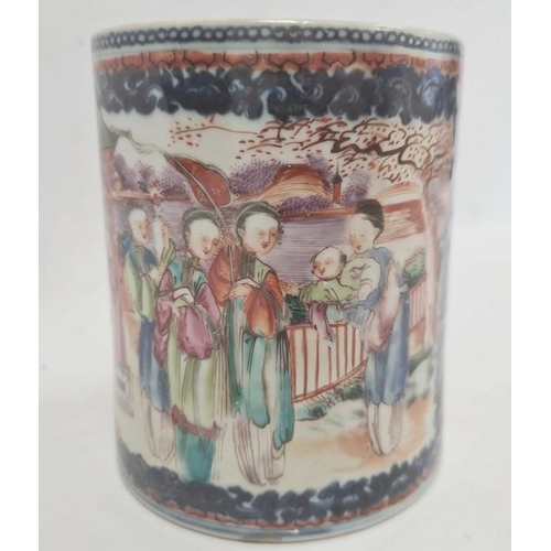 118 - Chinese porcelain mug, cylindrical, painted in reserve with figures and a baby before lakeside pagod... 