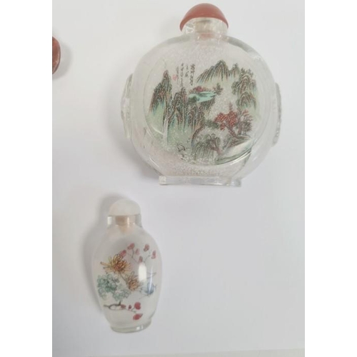 121 - Large Chinese internally decorated glass snuff bottle, flattened circular with mountain landscape de... 