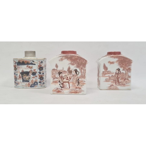 129 - Porcelain tea caddy with floral decoration in Imari colours, 11cm high and a pair of porcelain tea c... 