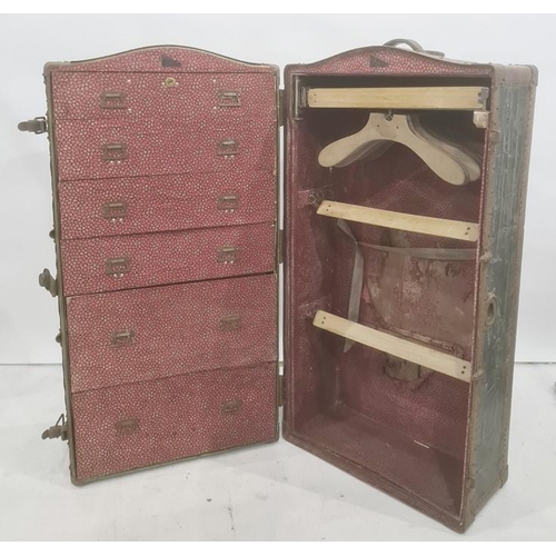 1343 - Vintage travelling trunk opening to reveal hanging space and drawers