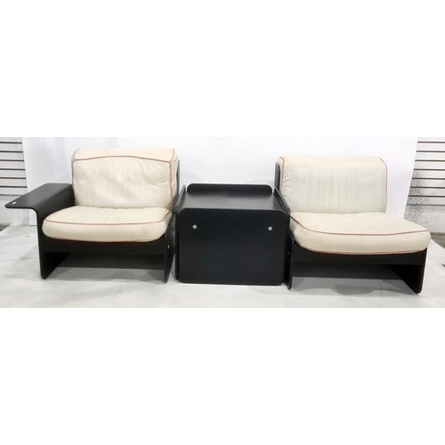 1350 - 20th century designer modular pair of seats and coffee table in black ash-effect finish (3 parts)