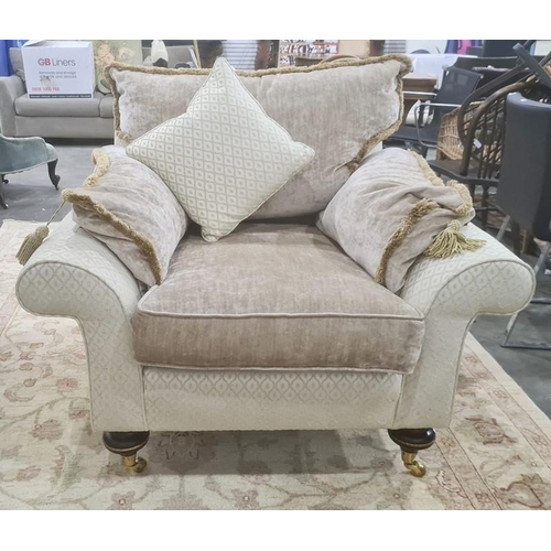 1351 - Lee Longlands three-seater sofa and matching chair in diamond-patterned upholstery, with brown trim ... 