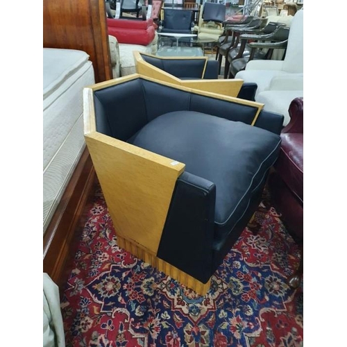 1355 - Pair of Art Deco-style modern armchairs in burr maple and black leather (2)