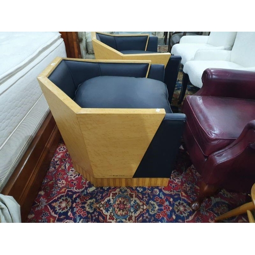 1355 - Pair of Art Deco-style modern armchairs in burr maple and black leather (2)