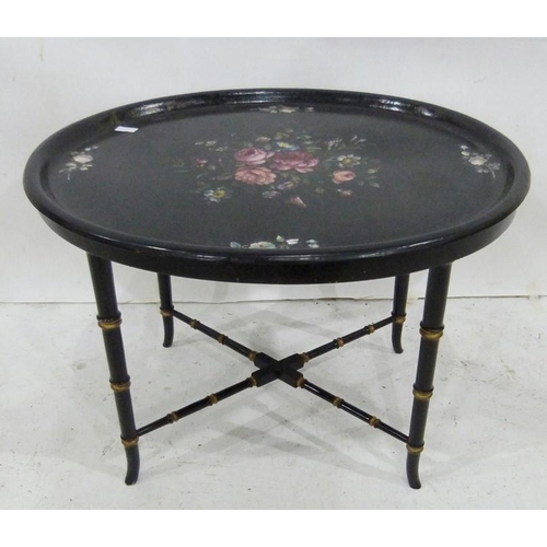 1356 - Papier mache tray-topped table with floral design, on bamboo-style ebonised base