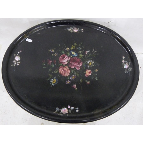 1356 - Papier mache tray-topped table with floral design, on bamboo-style ebonised base