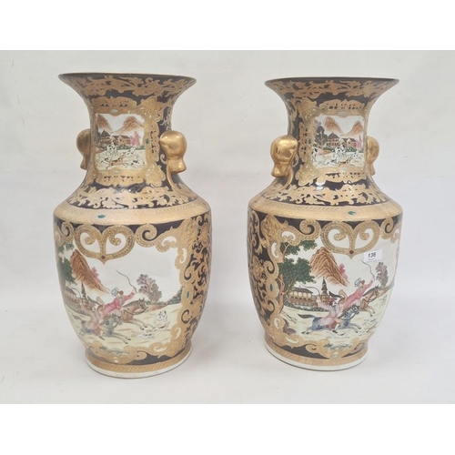 136 - Pair of Chinese porcelain vases, each angular baluster shape and painted in panels with hunting scen... 