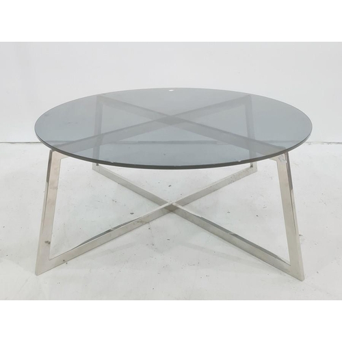 1365 - Circular coffee table with smoked glass top, chrome X-shaped base