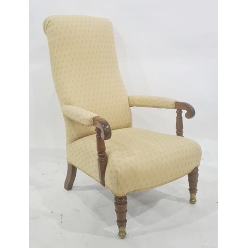 1385 - Late Georgian mahogany framed armchair in pale yellow patterned upholstery, turned front legs, unusu... 