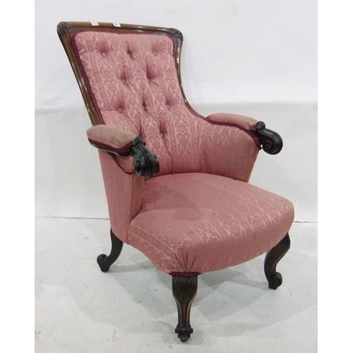 1387 - 19th century rosewood armchair with pink patterned upholstery, carved cabriole legs