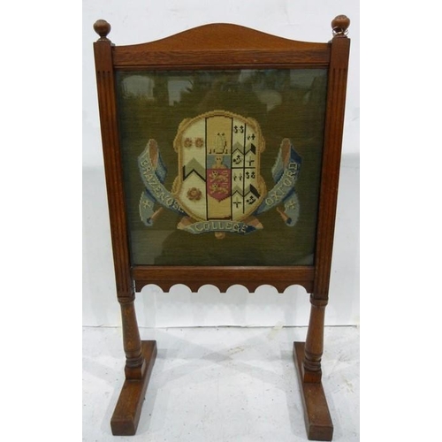 1416 - Oak firescreen with arched top, set with a woolwork tapestry depicting the Arms of Brasenose College... 