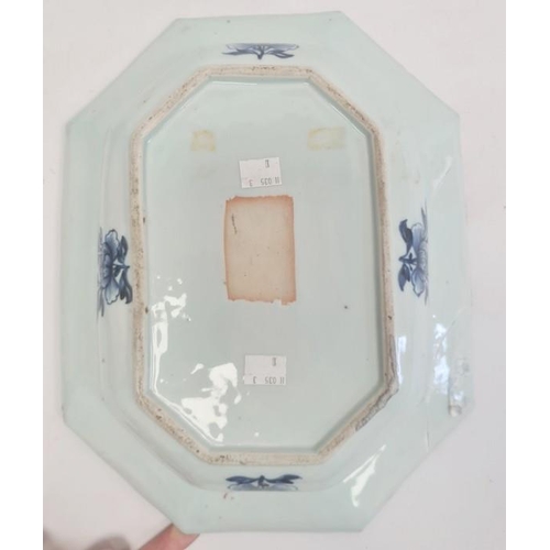 143 - Chinese porcelain shallow dish, oblong with canted corners, willow and lotus design in blue and with... 