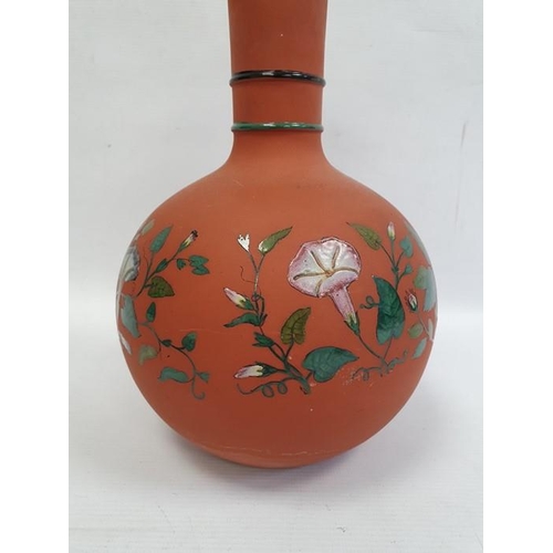 15 - 19th century terracotta bottle vase and cover decorated with enamels with convolvulus and the matchi... 