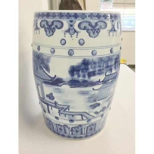 164 - Chinese blue and white barrel seat, the sides decorated with a lake scene and pierced panels, 47cm h... 