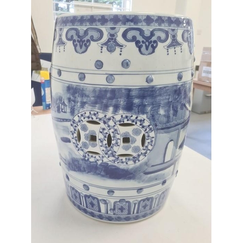 164 - Chinese blue and white barrel seat, the sides decorated with a lake scene and pierced panels, 47cm h... 