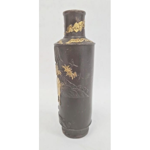 167 - Unusual Chinese painted bronze vase, rouleau-shape with gilt cattle and flowers in a mountainous lan... 