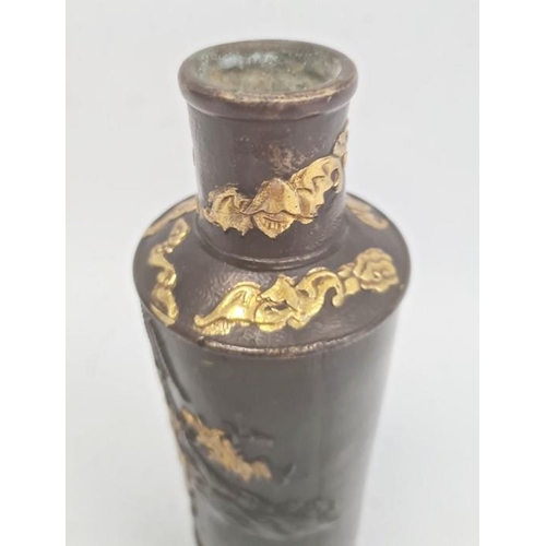 167 - Unusual Chinese painted bronze vase, rouleau-shape with gilt cattle and flowers in a mountainous lan... 