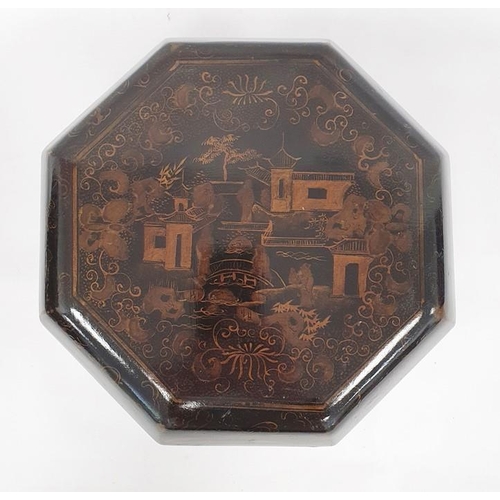 176 - 20th century Oriental lacquer octagonal box with painted figures in pagoda in garden scene to the li... 