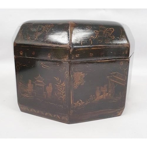 176 - 20th century Oriental lacquer octagonal box with painted figures in pagoda in garden scene to the li... 